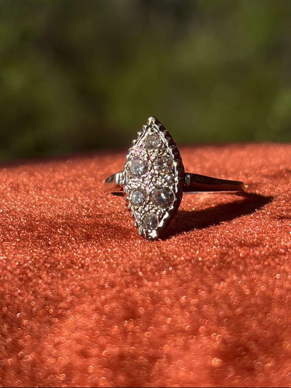 Vintage navette diamond white gold 14k ring